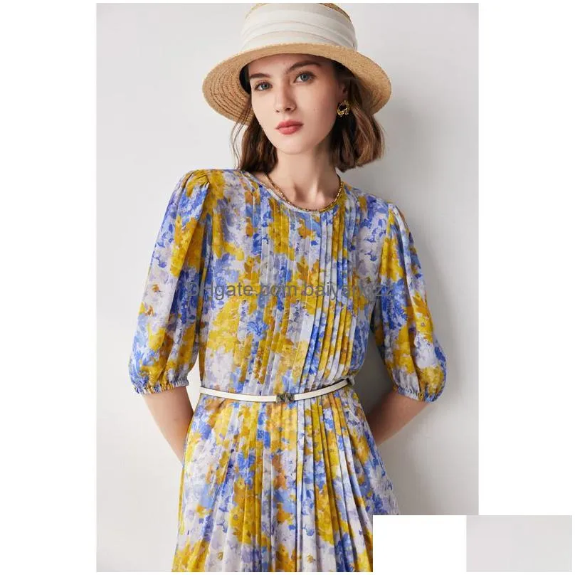 oc4635m8 spring and summer womens short sleeve dress printed silk waist high temperament skirt fashion show