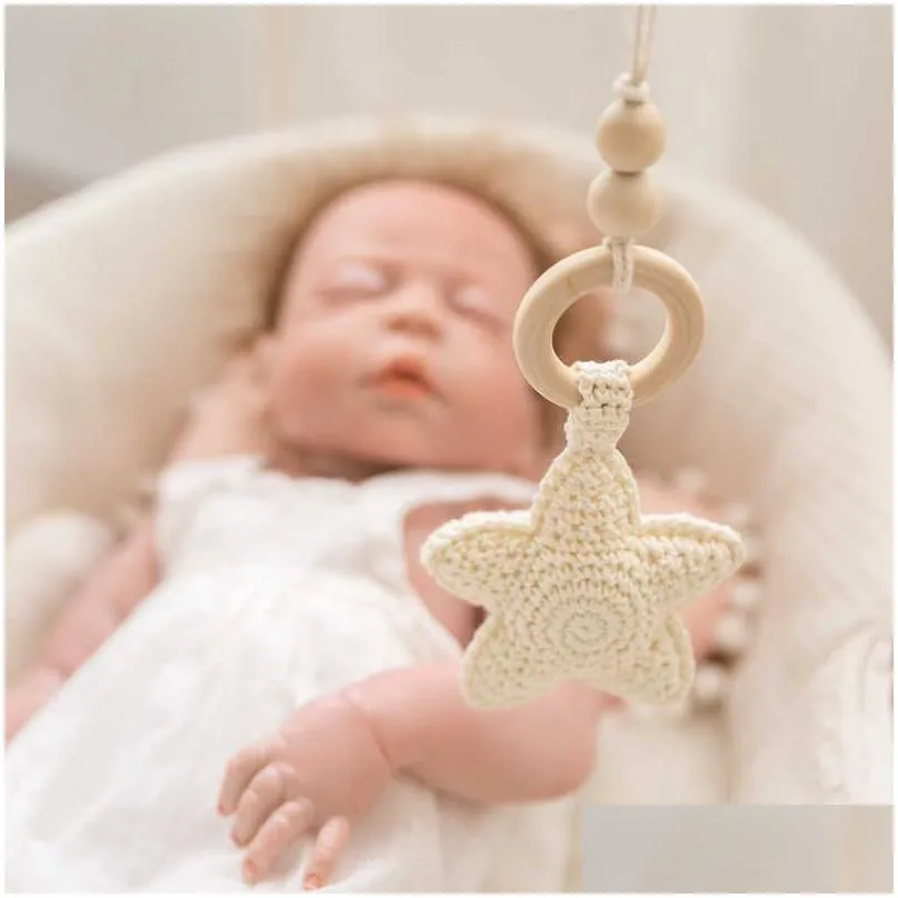 1pc Baby Play Gym Wood Bed Bell Clouds Crochet Star Pendant Teething Nursing Stroller Hanging Play Gym 0-12 Months Baby Rattle 210923