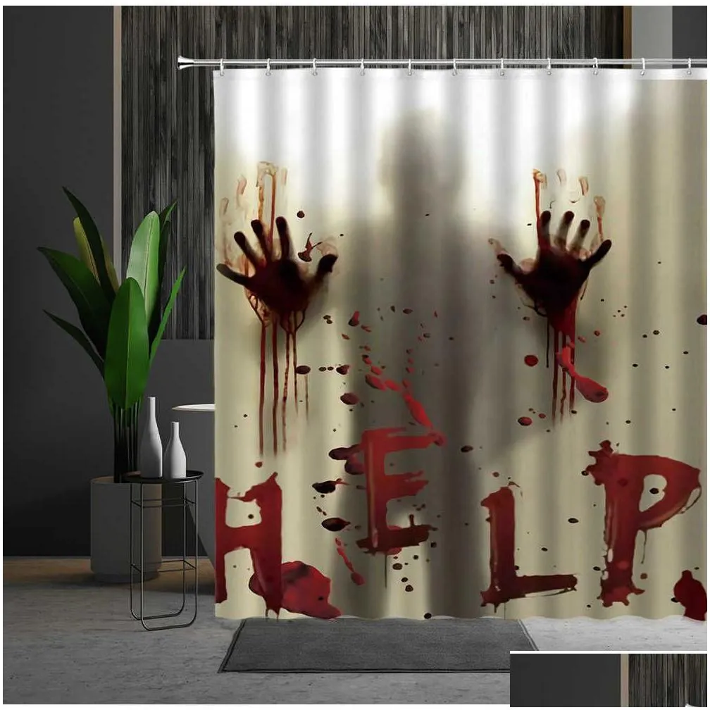 Shower Curtains Shower Very Scary Blood Handprint Bathroom Fabric Bath Curtain Waterproof Cloth Home Decoration Mtiple Size R230719 Dr Dhi6N