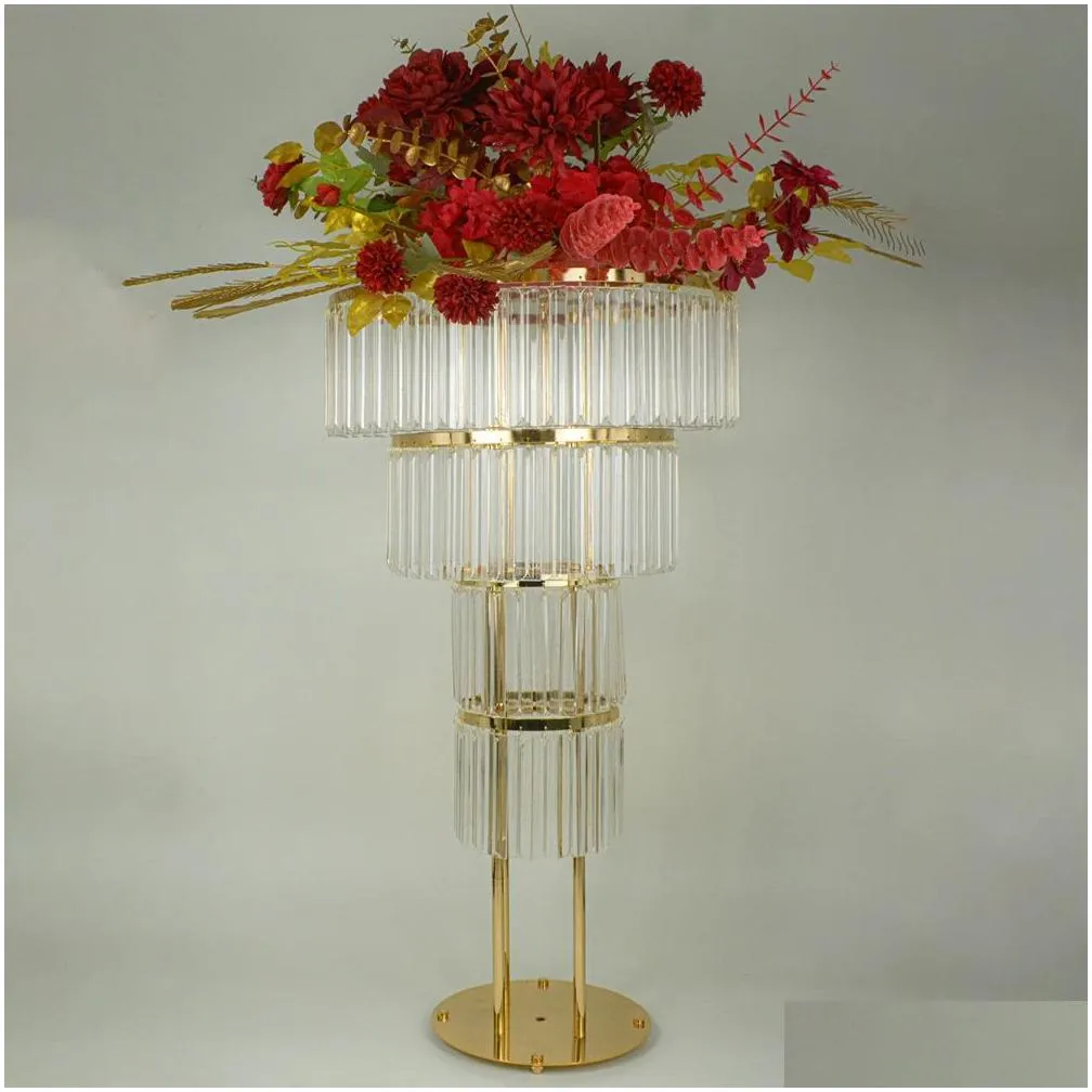 4 PCS Iron Flower Rack Gold Arch Stand Road Lead 37 Inches 4 Ties Acrylic Wedding Centerpiece For Event Party Decoration