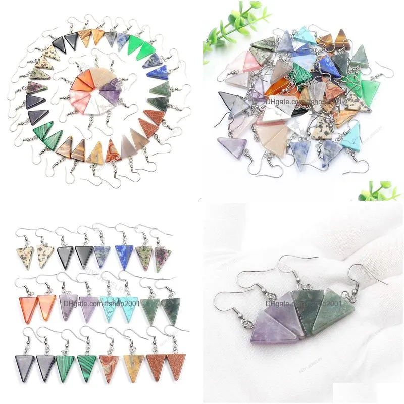 natural stone triangle shape dangle earring healing reiki beads women fashion simple stainless steel crystal ear studs