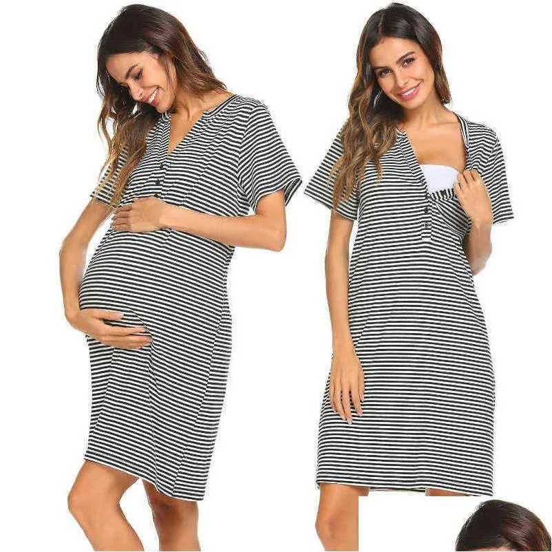 Womens Maternity Dress For Breastfeeding Summer O Neck Short Sleeve Striped Print Nightdress Nursing Sleepwear Dresses G220309