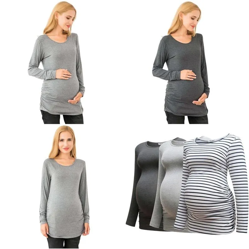 Bearsland Women`s Long Sleeve Maternity Tops Casual Side Ruched Clothes Pregnancy Shirts 3-pack,a-m
