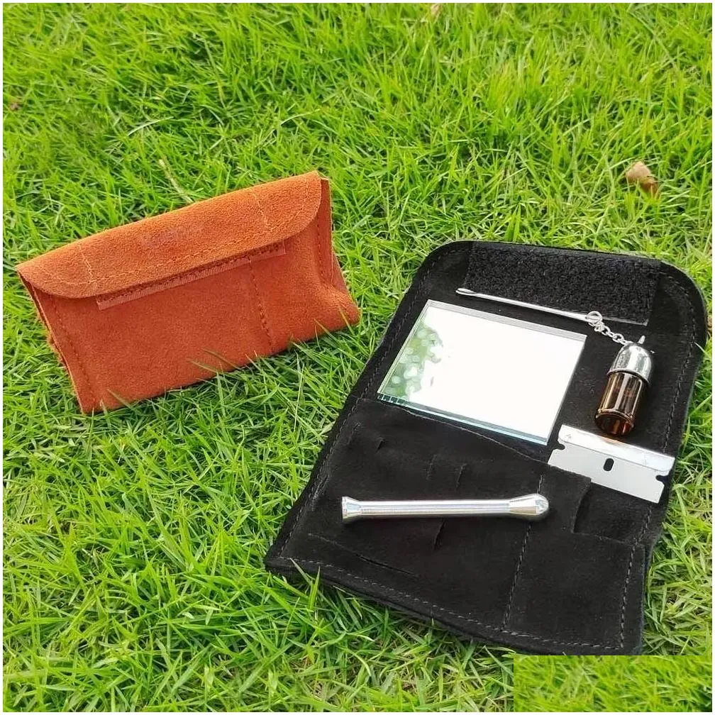 Accessories Dab Nail Genuine Leather Tobacco Pouch Snuff Snorter Tool Sniffer St Hooter Hoover Bag Pipe Smoking Case Pill Bottle Pocke Dhhg6