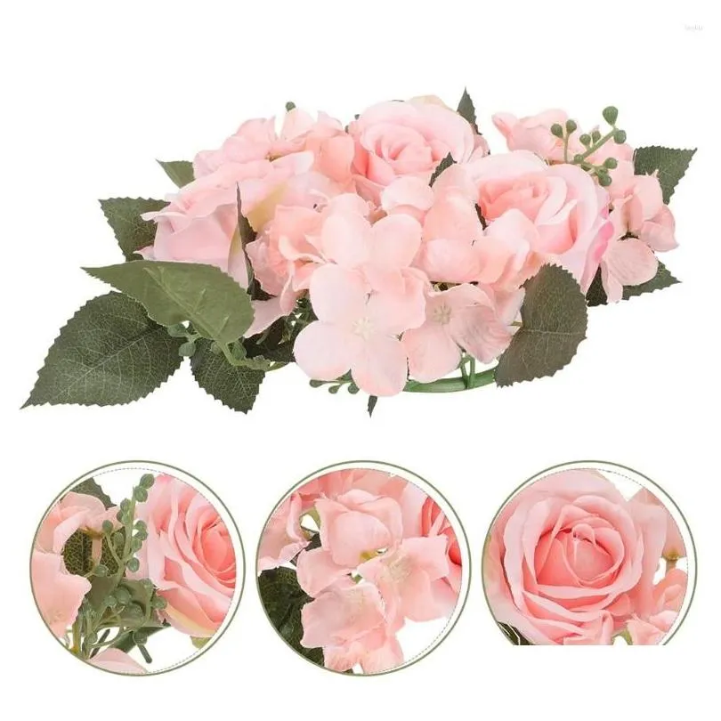 Decorative Flowers Artificial Rose Flower Candle Rings Floral Wreaths Pillar Holder For Christmas Wedding Party Table Decoration