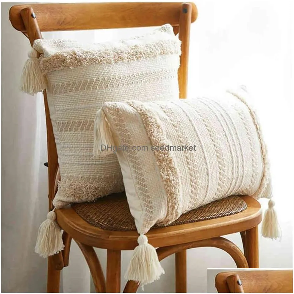 european style four-corner lace tassel cushion office lumbar pillow cotton tufted custom sofa pillowcase chair pad 211229256v