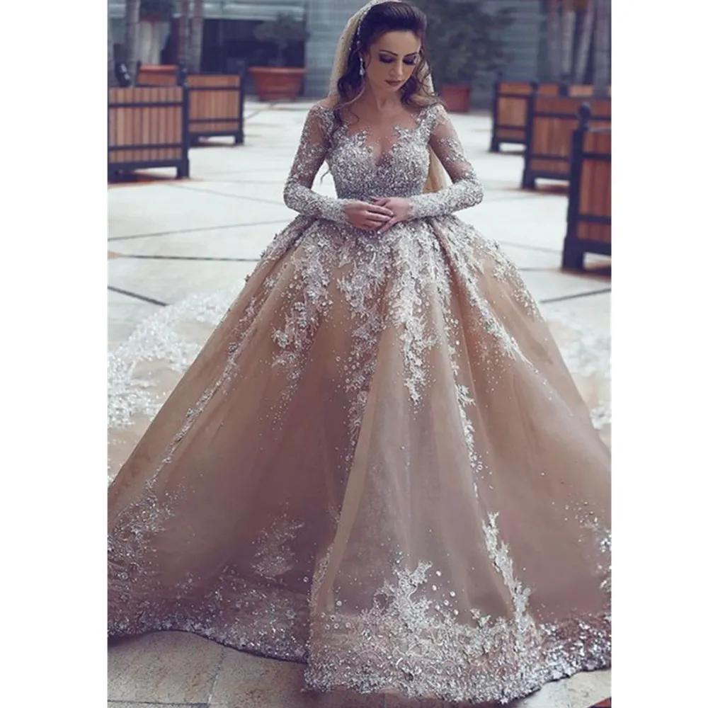 Gorgeous Champange Long Sleeve Wedding Dresses Lace A-line Appliqued Sweep Train Plus Size Wedding Dress Bridal Gowns Vestidos De Novia YD