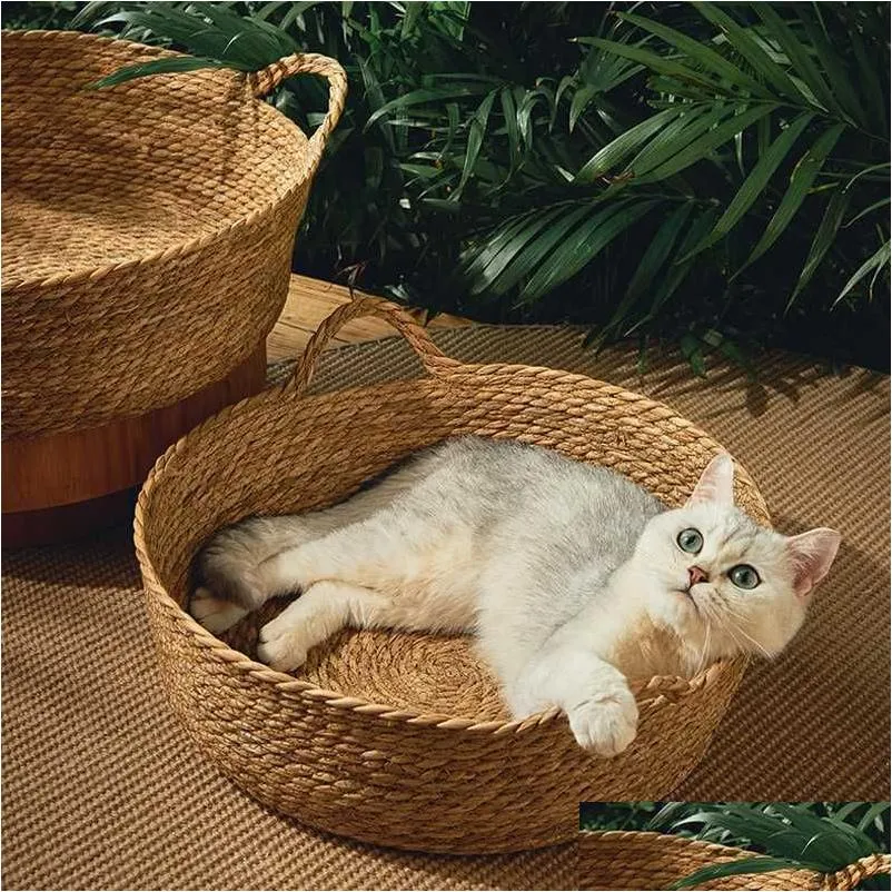 cat carriers houses pet cat bed litter hand woven rattan cat mat round cat bed summer cool basket nest pet sleeping bed small kitten