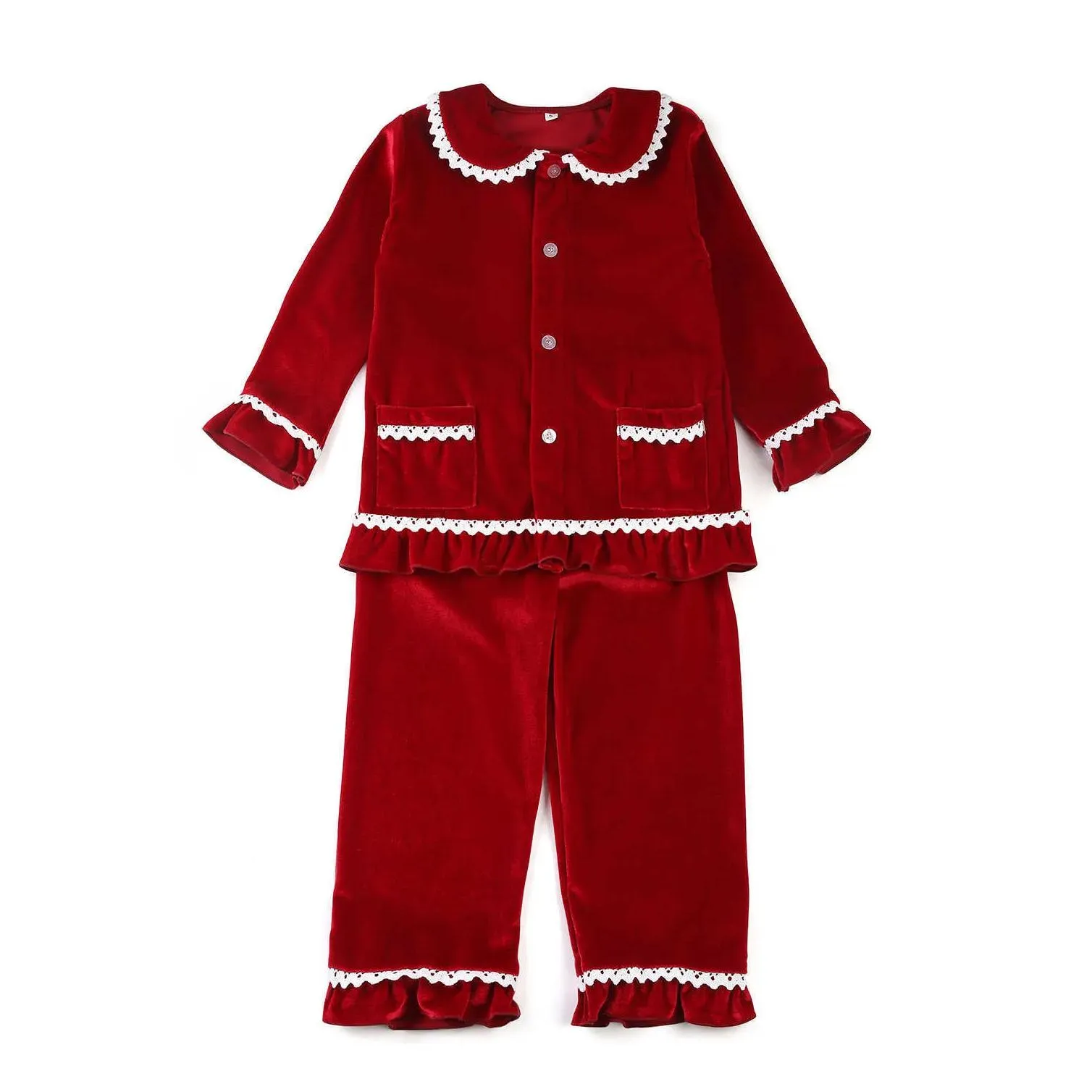 Boutique Fashion Velvet Fabric Toddler Sleep Suit Christmas Baby Pyjamas Set Lace Girls Sleepwear 210913