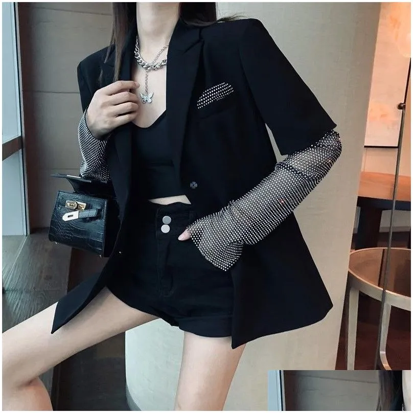 Women`S Suits & Blazers Womens Suits Blazers Fashion Autumn Black Blazer For Women Long Sleeve Diamond Work Elegant Coat Female Clothi Dhb5R