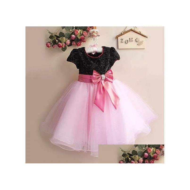 Flower Girl Dress Paillette Children Wedding Party Princess Dresses Ribbon Ball Gown Big Bowknot Kids Formal Dress 1pcs Retail TR32