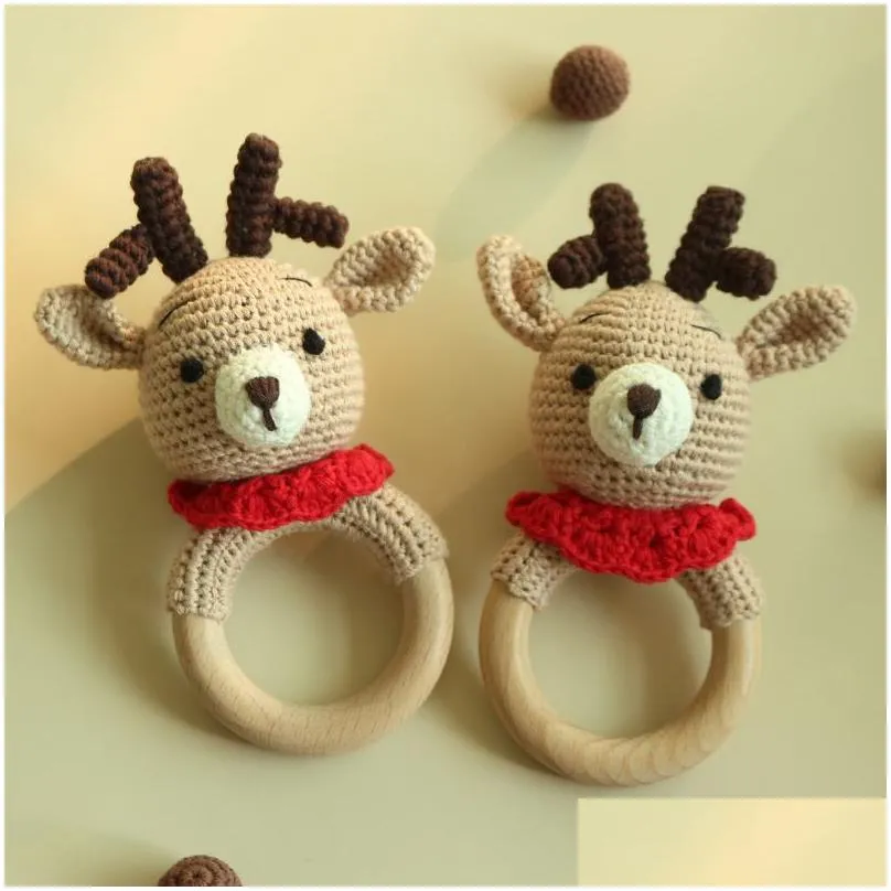 Bibs and Burp Cloths Baby Rattles DIY Crochet Cartoon Deer Doll Hand Bell Carved Wooden Ring Teething Toys Newborn Molar Teether Educational