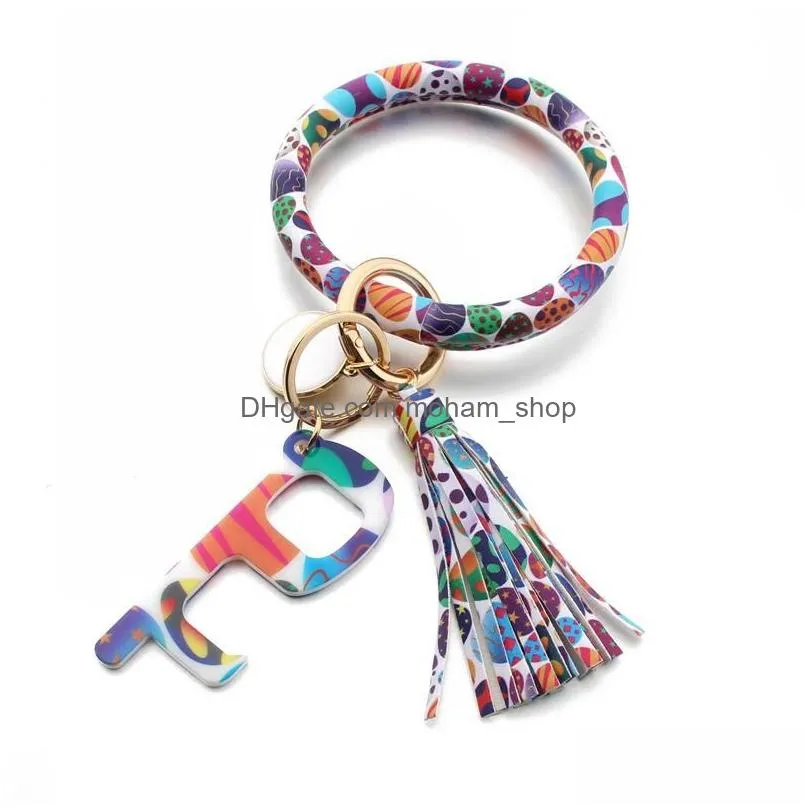 party favor pu leather keychain door opener fashion printing bracelet keyring anti contact press elevator cg001