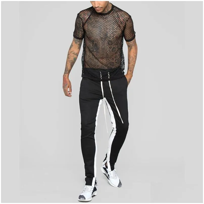 Men`S T-Shirts Mens Transparent Y Mesh T Shirt 2022 New See Through Fishnet Long Sleeve Muscle Undershirts Nightclub Party Perform Top Dhmlp