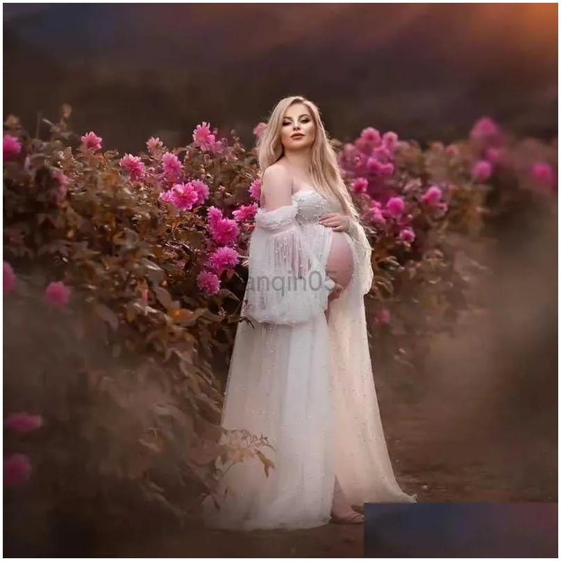 Maternity Dresses 2023 New pearl white Pregnant Photography Dresses Soft Mesh Beaded Elegant Maternity Dress Long Sleeve off shoulder Sexy Dress