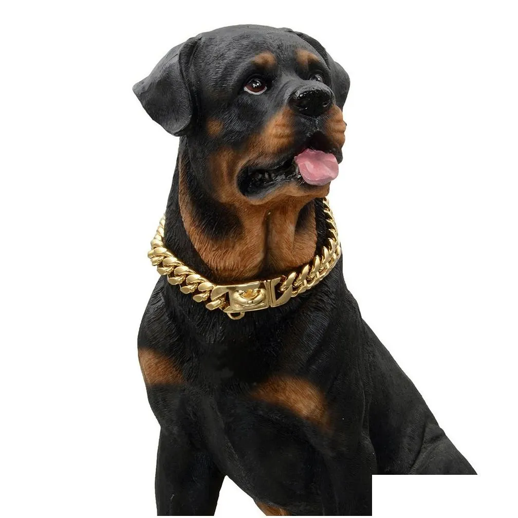 Gold Dog Chain Collar, 18K Collar with Secure Buckle, Stainless Steel Metal Collars, Chew Proof Heavy Duty Cuban Link for Medium Large