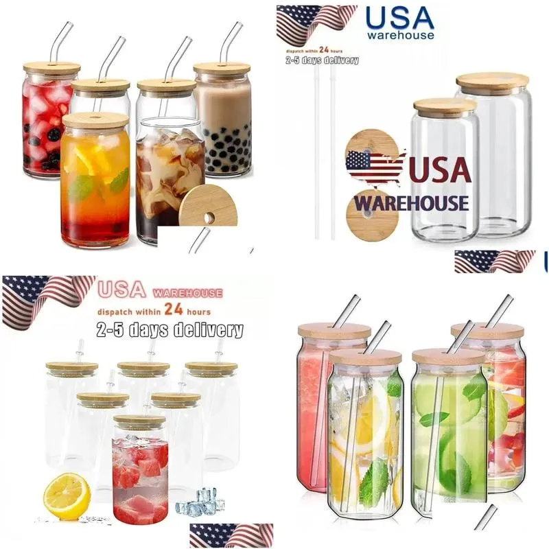 US CA STOCK 16OZ Sublimation Glass Beer Mugs with Bamboo Lid Straw Tumblers DIY Blanks Frosted Clear Can Cups Heat Transfer Cocktail Cups