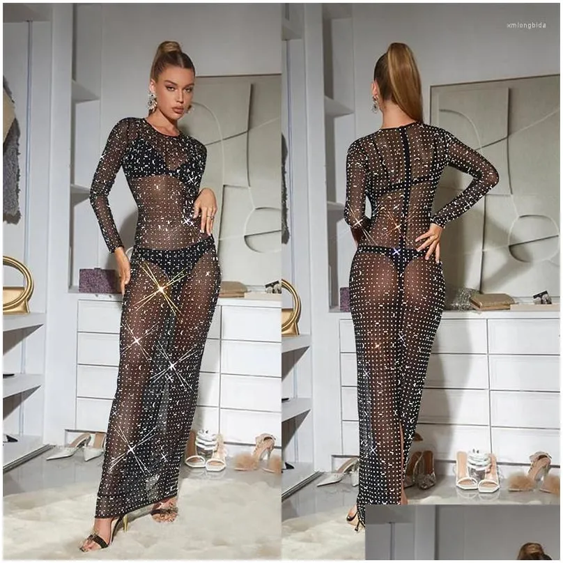 Basic & Casual Dresses Casual Dresses Sparkly Crystal Rhinestone Bodycon Maxi Dress Women Wedding Evening Mesh See Through Night Party Dhpvd
