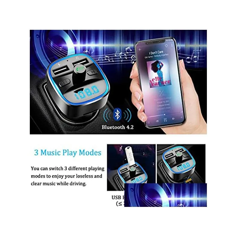 Bluetooth 5.0 Car Adapter Kit FM Transmitter Wireless Radio Music Player Cars Kits Blue Circle Ambient Light Dual USB Ports  Hands Free