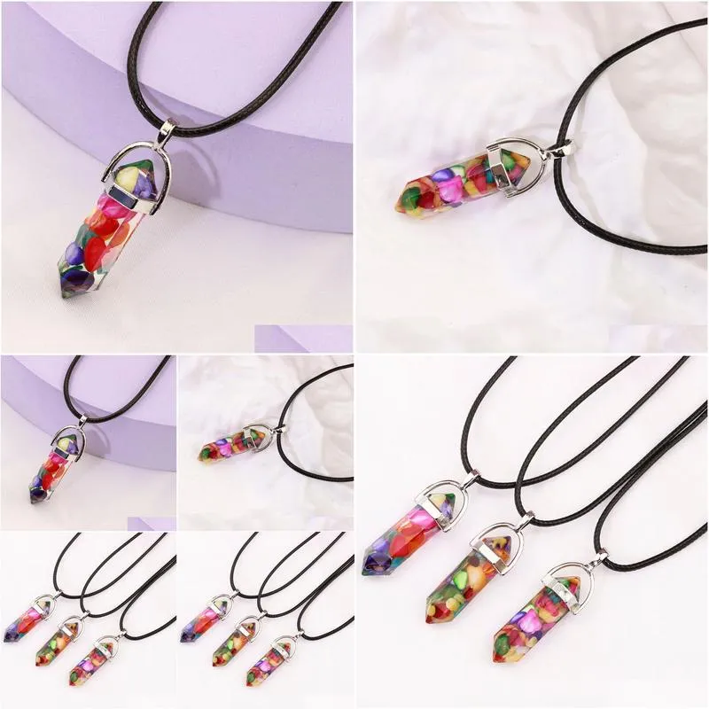 resin hexagonal column chakra pendants healing crystal necklaces men women jewellry