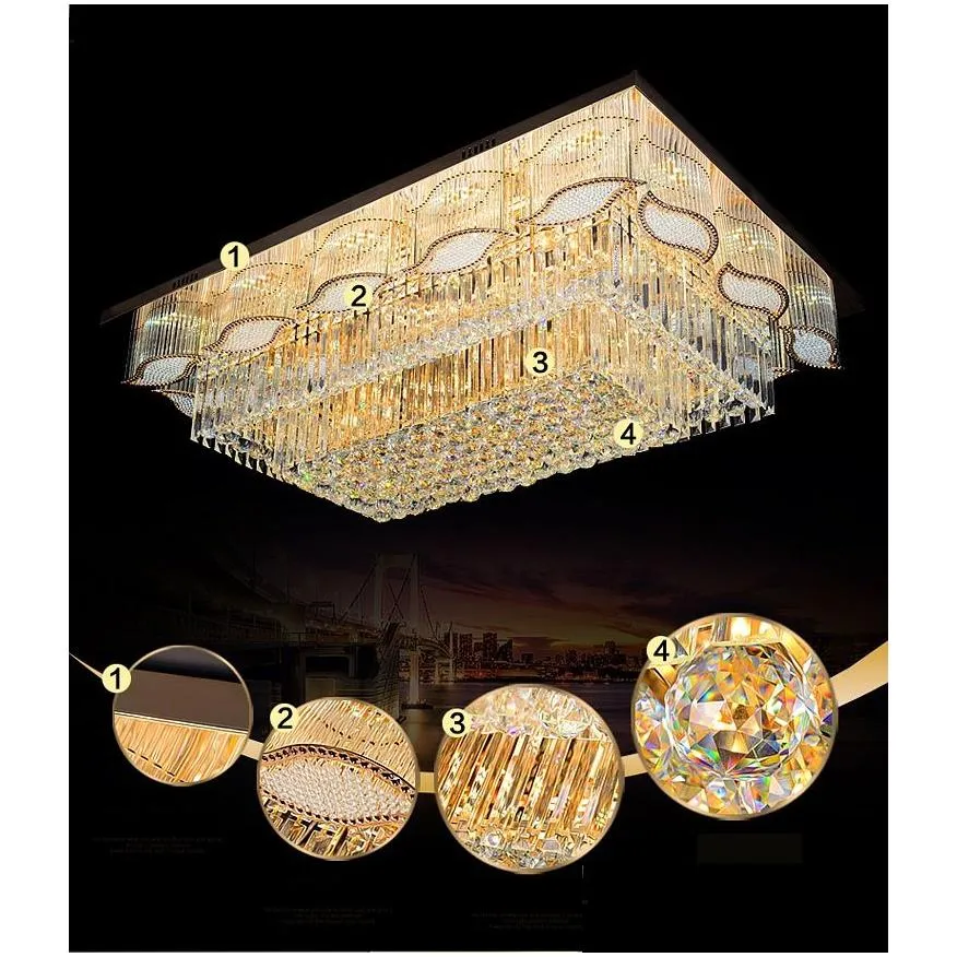 luxurious el living room villa rectangle 3 brightness gold k9 crystal ceiling light chandelier band led light bulb remote control