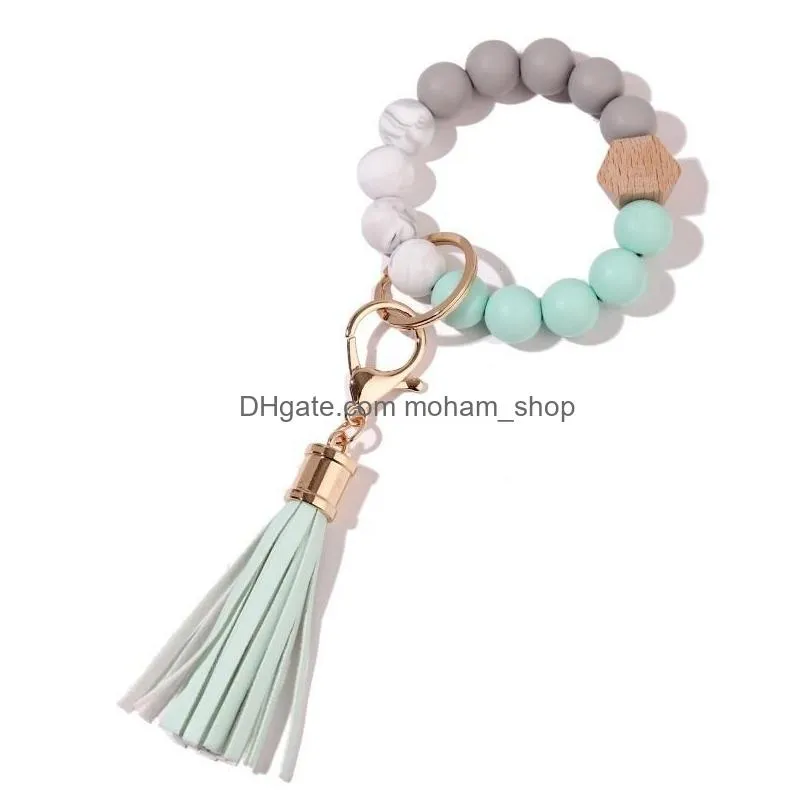 party favor party silicone wooden beads keychain suede tassel bracelet keyring anti-lost bangle key ring for home wood beaded crafts car decoration pendant