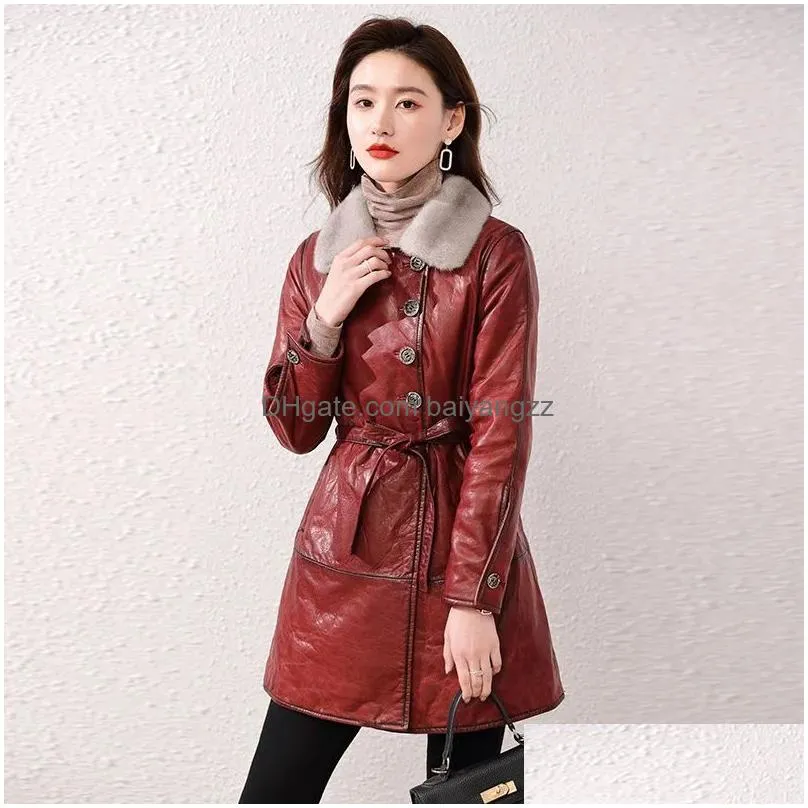 0c463m11 genuine leather jacket womens clothing mid length thickened jacket sheepskin retro style looks slimmer customized size