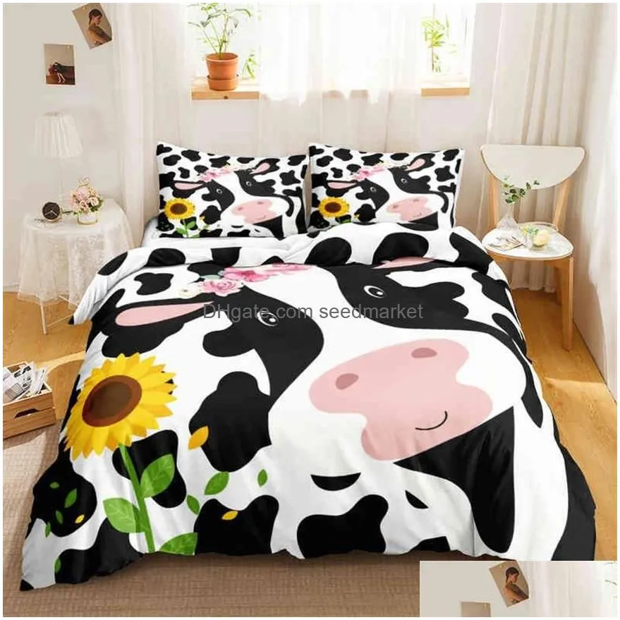 cute cow print duvet cover queen size kawaii highland bedding set king comforter cartoon farm animals2049