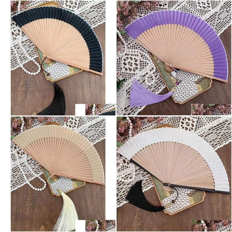 Chinese Style Products Chinese Style Products Paper Bamboo Hand Fan With Delicate Long Tassel Pure Color Artist Home Living Room Decor Dhjjq