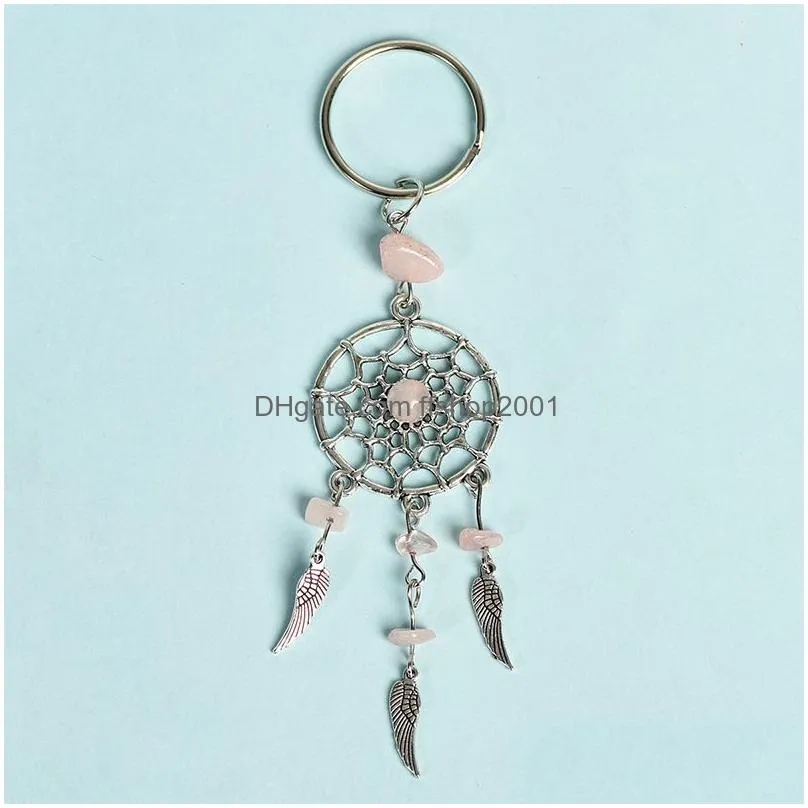 bohemian dreamcatcher keychain metal feather pendulum keyring natural crystal stone pendant handbag ornament acc