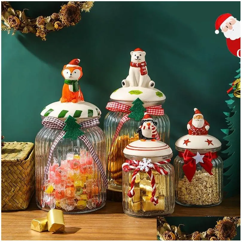 Storage Bottles Christmas Glass Bottle Snack Candy Food Jar Sealed Grade Lid Kitchen Cereal Containers Holiday Gift