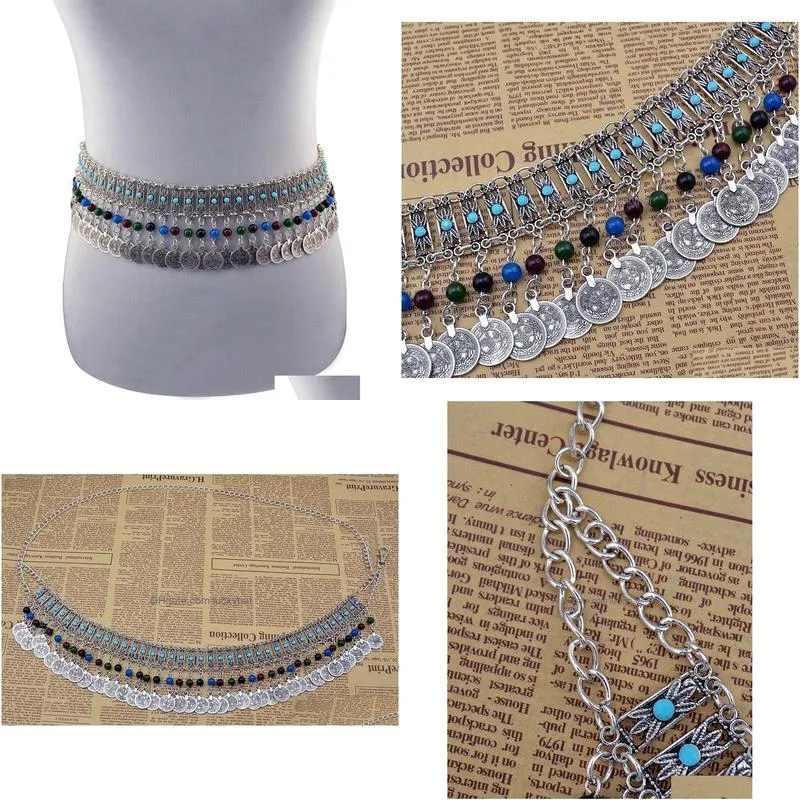 Belly Chains Bohemian Boho Vintage Belt Carved Flower Resin Beads Coin Tassel Pendant Waist Dance Body Chain Jewelry Drop Delivery Jew Dhvz0