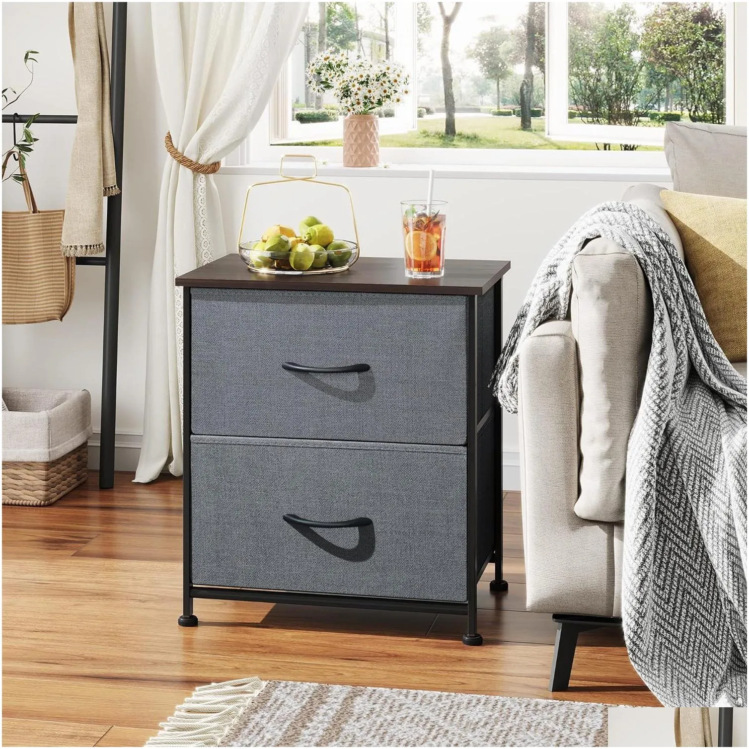 WLIVE Nightstand A set of 2,2 drawer dressers,2 drawer small dressers, bedside furniture, nightstand, nightstand with fabric box, University dorm, dark