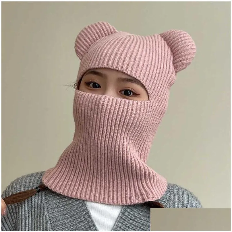Cycling Caps Masks Funny Balaclava Winter Cute Bear Ears Knitted Hat Women Warm Full Face Cover Ski Mask Hat Men Outdoor Sport Windproof Beanies