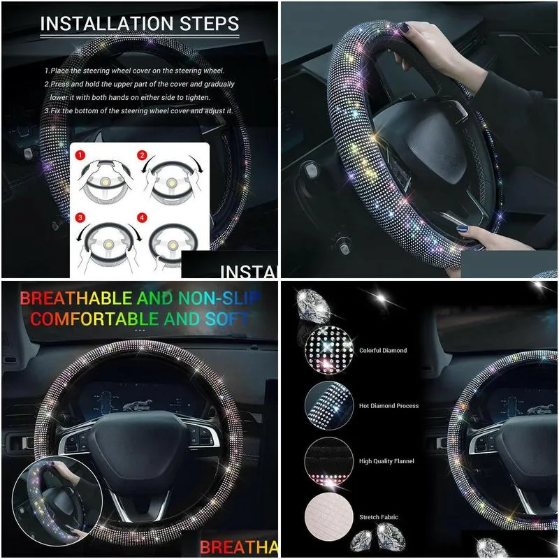 Steering Wheel Covers Car Crystal Diamond Cover Bling Rhinestone Universal Fit 37 38cm SUV