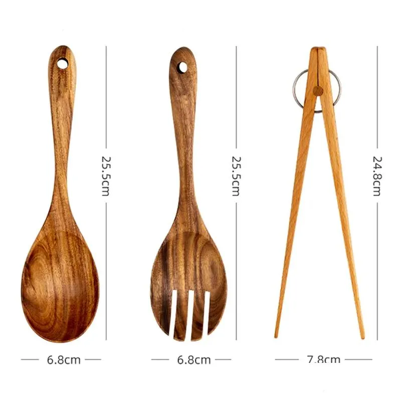 Kitchen Cooking Utensils Large Wooden Spoon Fork Set BBQ Tongs Fruit Food Serving Tongs Salad Spoon Set Wooden Cooking Tools 210326