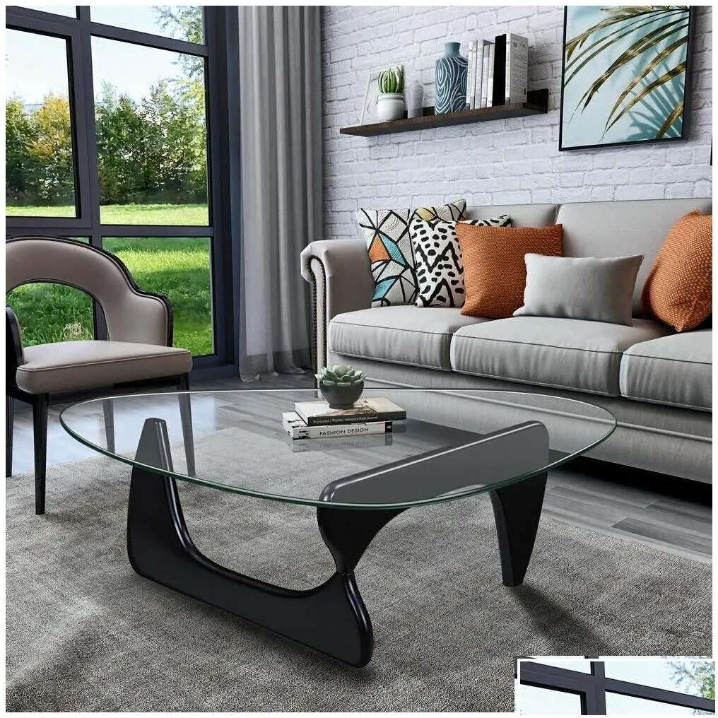 Living Room Furniture Black Coffee Table Triangle Glass Solid Wood Base Fit Drop Delivery Home Garden Otd7S