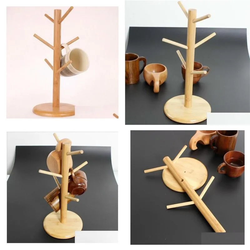 New Wooden Tree Shape Coffee Mug Drying Cups Storage Rack Holder Home Kitchen Drain Hanger Stand Organizer with 6 Hooks T200506