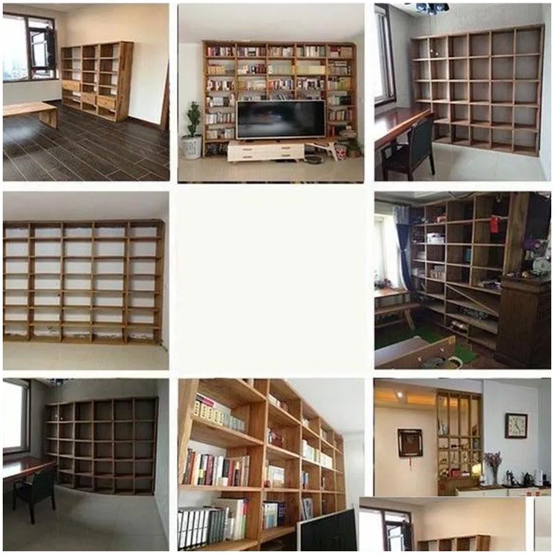Old elm bookcase, partition, hanging cabinet, solid wood bookcase, lattice frame, full wall bookcase