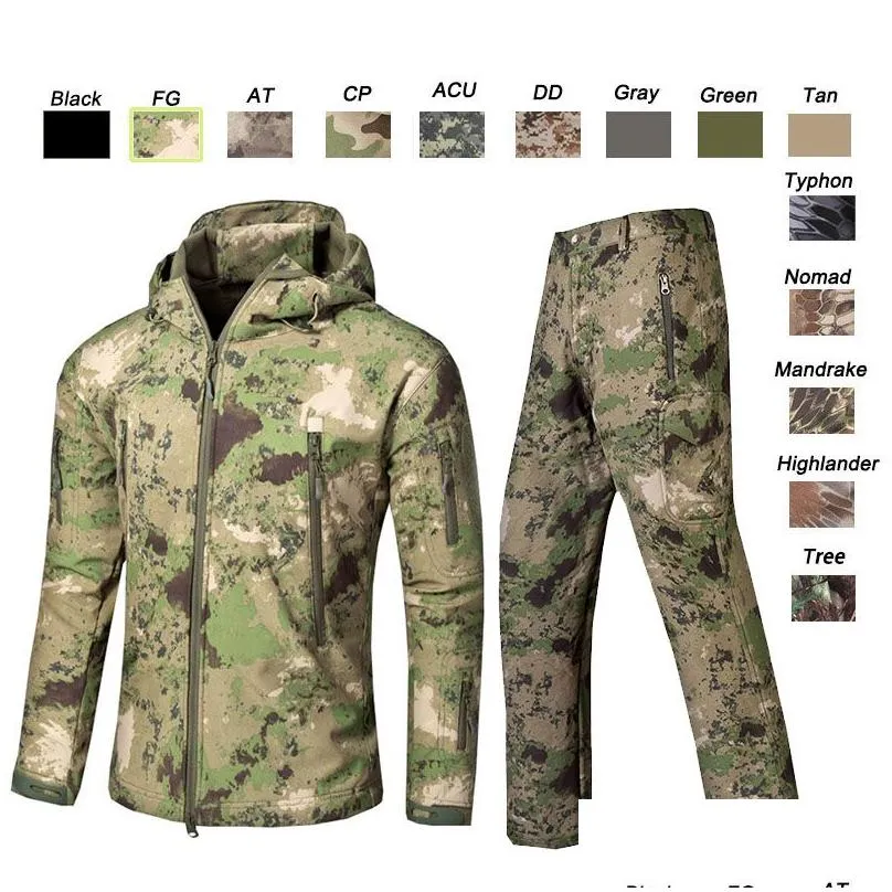 Softshell Outdoor Jacket Pants Set Woodland Hunting Shooting Clothing Tactical Camo Coat Combat Clothing Camouflage Windbreaker