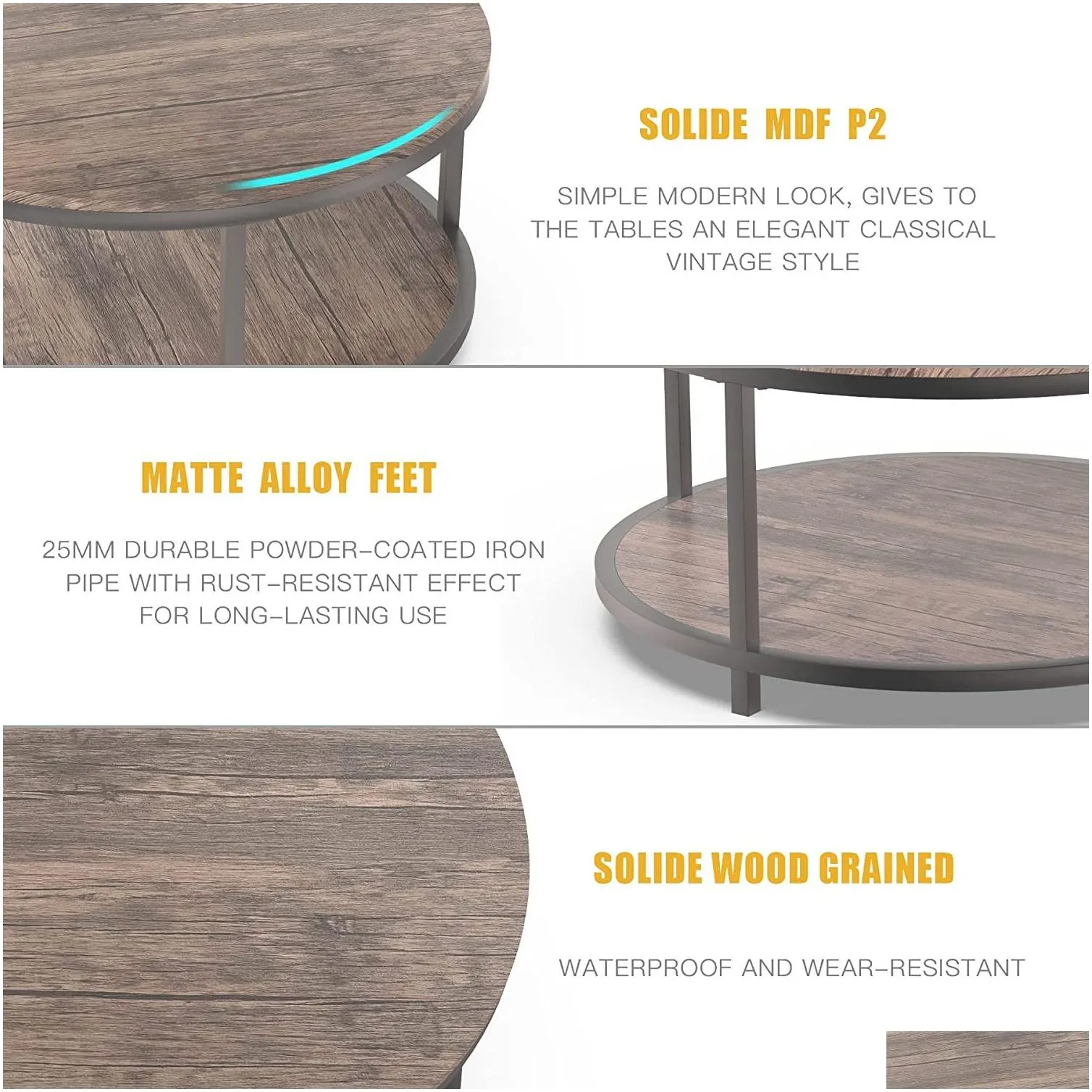 36 inches Round Coffee Table Rustic Wooden Surface Top Sturdy Metal Legs Industrial Sofa Table for Living Room Modern Design Home Furniture with Storage Open