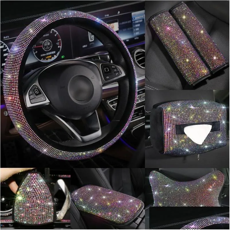 Steering Wheel Covers Fashion Interior Car Accessories Women Rhinestone Headrest Armrest Cover Shoulder Pad Fuzzy Crystal Kit