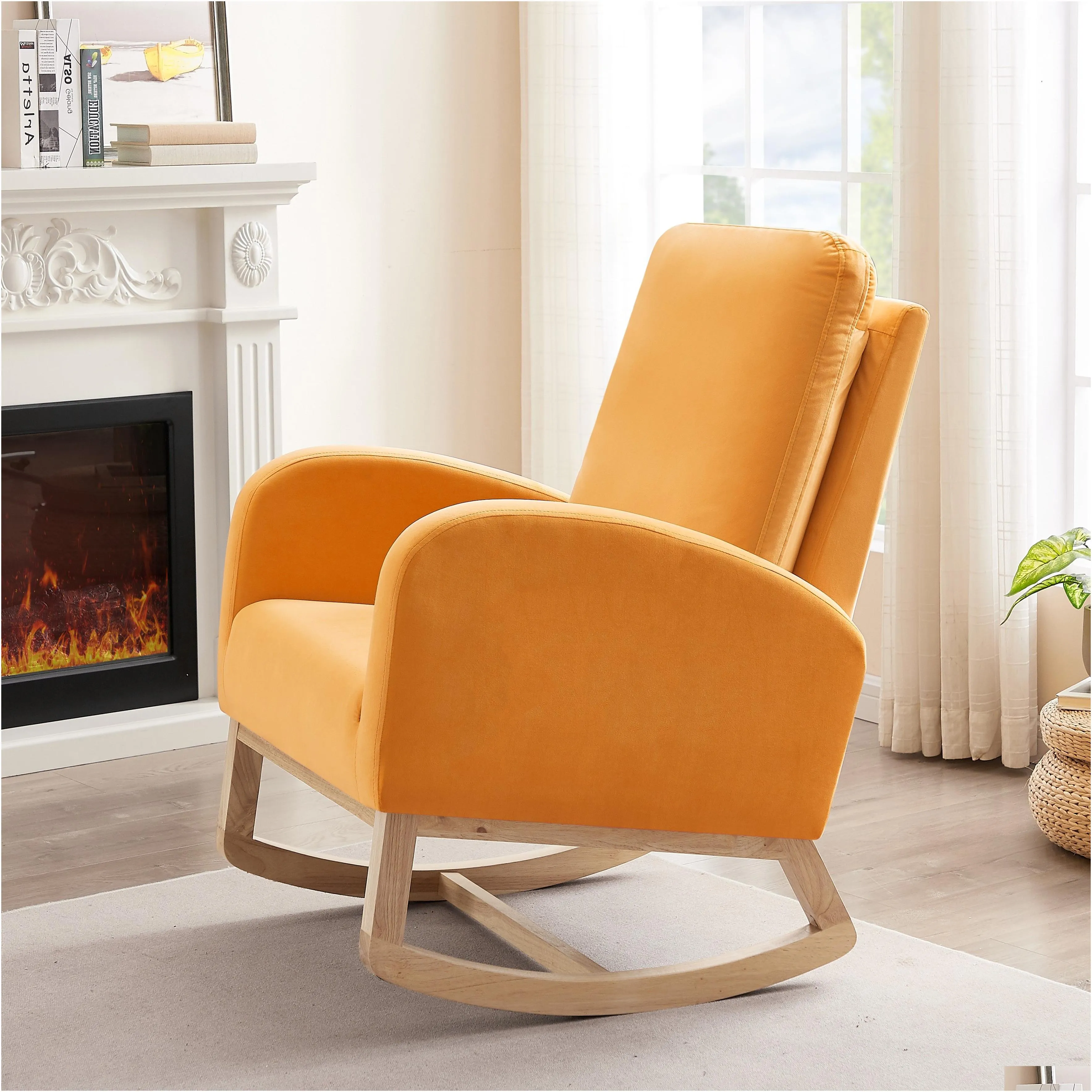 Rocking Chair Mid-Century Modern Rocking Armchair Upholstered Tall Back Accent Glider Rocker,Orange