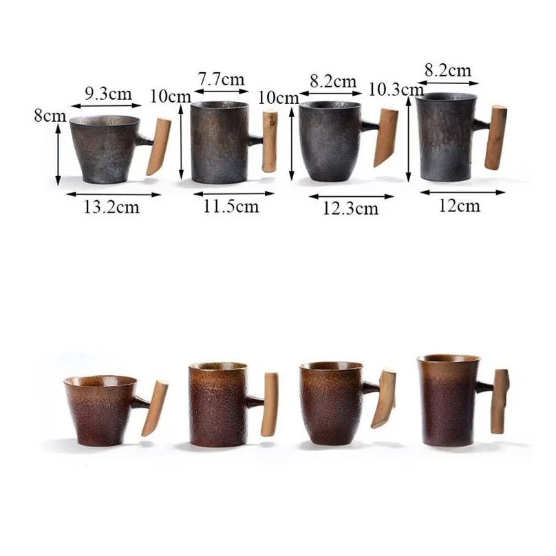 Japanese style Vintage Ceramic Coffee Mug tea Cup Tumbler Rust Glaze Office Tea Milk Beer Mug with spoon Wood Handle Water Cup 210409