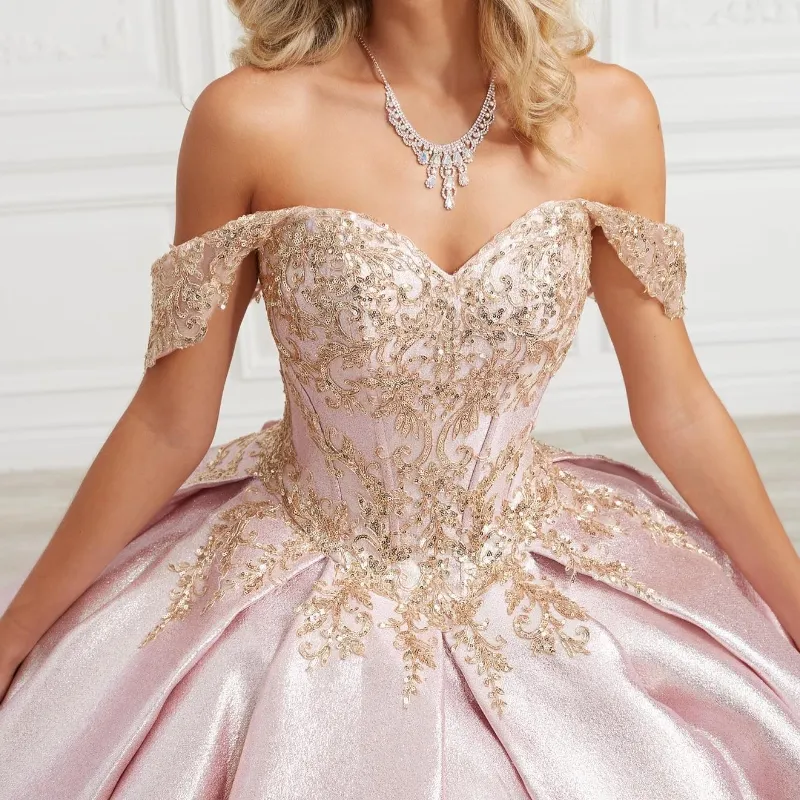 Light Pink Shiny Ball Gown Quinceanera Dress 2024 Princess Dress Gold Lace Appliques Beads Sweet 16 Dress vestidos 15 de