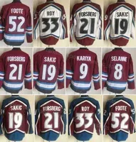 Men Retro Ice Hockey 33 Patrick Roy Jersey Vintage 52 Adam Foote 21 Peter Forsberg 19 Joe Sakic 8 Teemu Selanne 9 Paul Kariya Stitched Burgu