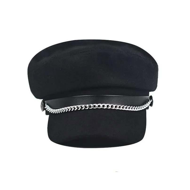 ball caps woolen cashmere woolen beret letter hat pu chain beret metal octagonal cap korean female english fashion military hat