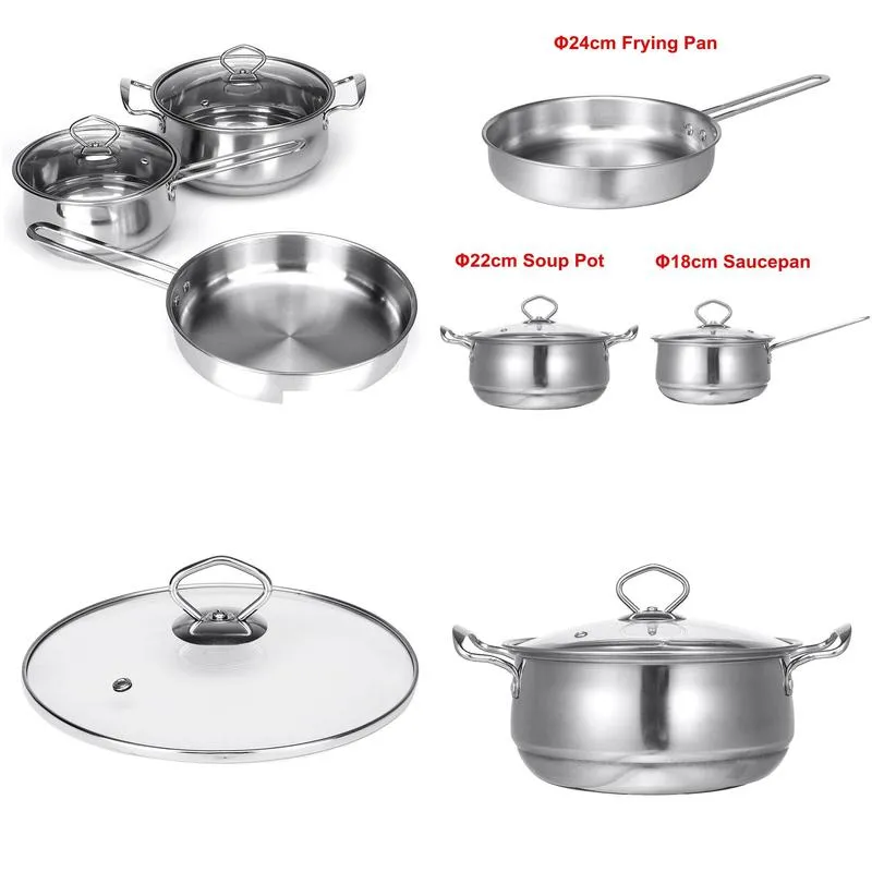 3PCS/Set Thicken Stainless Steel Cooking Soup Pot Nonstick Frying Pan Saucepan With Glass Lid For Induction Cooker Gas Stove T200523