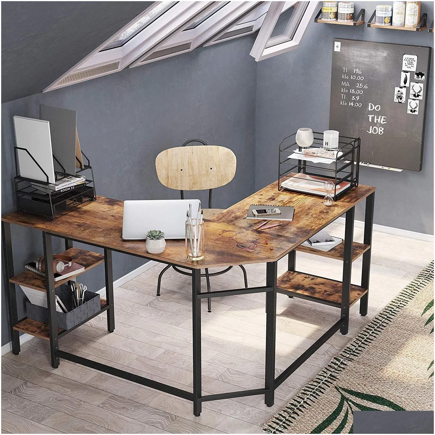 LShaped Computer Desk Corner Desk with Storage for Home Office 4 Shelves Writing Study Workstation Rustic Brown and Black3478371