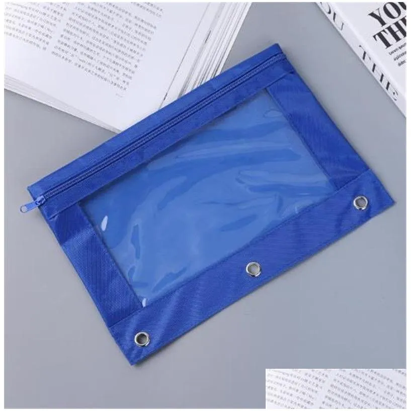 wholesale School Stationery Custom Logo Design Transparent Storage Bag 3 Hole Oxford Cloth Pen Pencil Bag